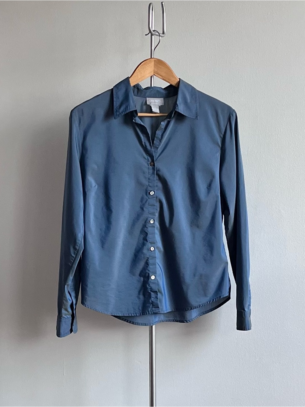Y2K Blue Iridescent Long-Sleeve Button-Up Blouse